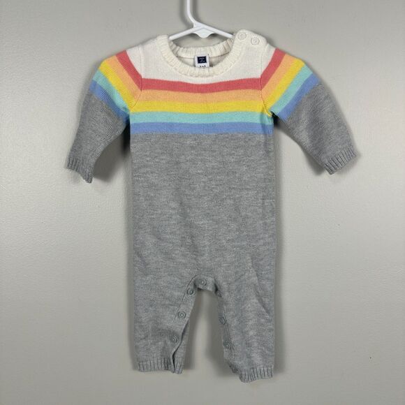 Janie and Jack Baby Boy 3-6 Months Rainbow Stripe Grey Knit Long Sleeve Romper - Picture 1 of 3